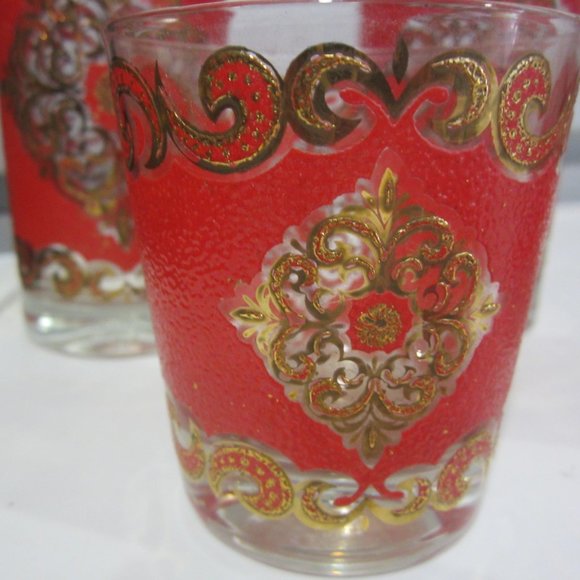 VTG SET OF 5 BAR GLASSES, ORNATE RED & GOLD DESIGN - Picture 4 of 6
